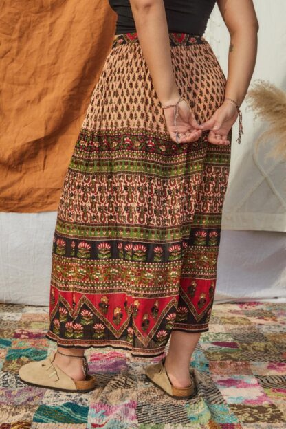 Bagru Crinkle Crepe Long Skirt- Red Assorted - Image 5