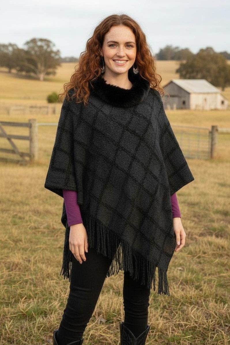 Chenille Lattice Poncho w Fur Collar PICNIC CHECK - Image 4