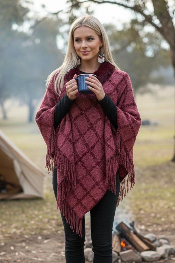 Chenille Lattice Poncho w Fur Collar PICNIC CHECK - Image 2