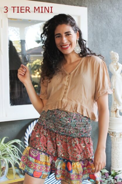 Artsilk Sari Shirred 3 Tier Skirt MINI
