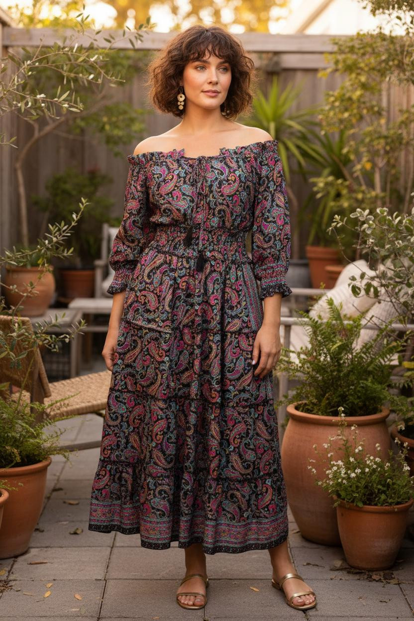 Artsilk Sari Off Shoulder Peasant Maxi Dress
