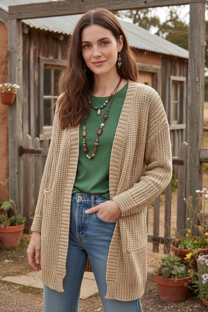 Flecked Knit Cardigan W Pocket GREEN and OATMEAL Back in!