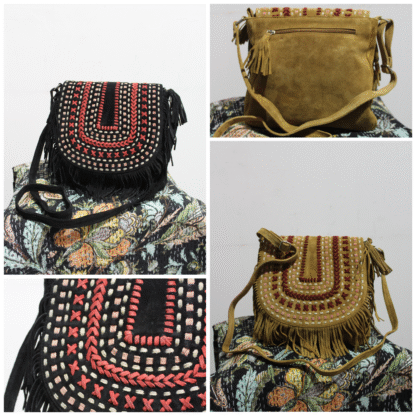 Genuine Suede Boho Bag W Tassels and Latticework