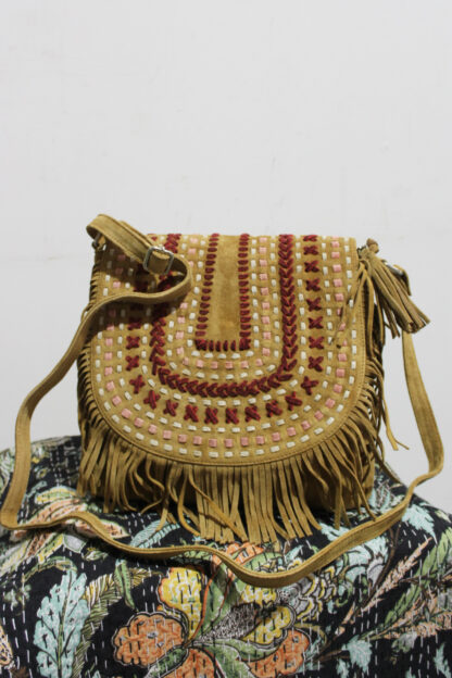 Genuine Suede Boho Bag W Tassels and Latticework - Image 5