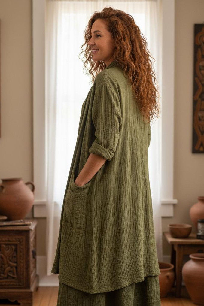Cotton Cheesecloth Midi jacket w Pockets - Image 6