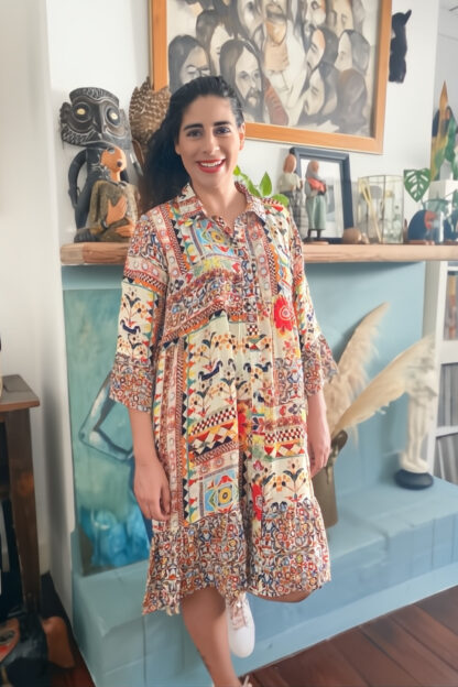 ARTSILK Button Through Shirtdress w Pockets - Rajistan Embroidery Collage