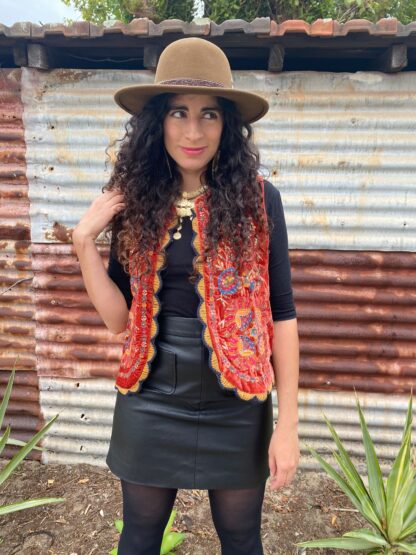 Folkloric Velvet Embroidered Waistcoat w Crochet Trim - Image 4