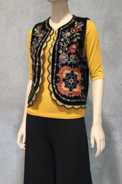 Folkloric Velvet Embroidered Waistcoat w Crochet Trim - Image 10