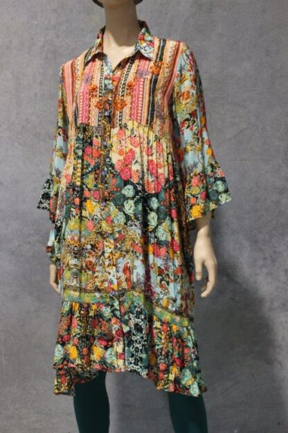 ARTSILK Button Through Shirtdress w Pockets - Blue Aztec Rose/Parrots - Image 9