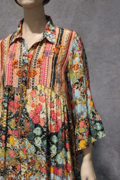 ARTSILK Button Through Shirtdress w Pockets - Blue Aztec Rose/Parrots - Image 5