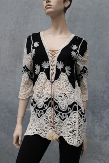 Lace Up Black/Cream Emb Blouse - Image 8
