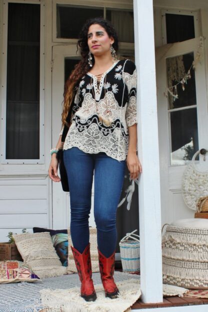 Lace Up Black/Cream Emb Blouse - Image 3