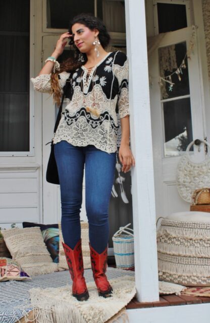 Lace Up Black/Cream Emb Blouse - Image 4