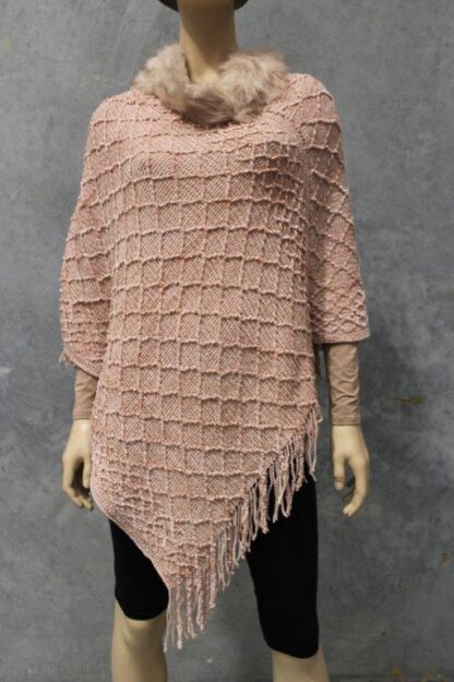 Chenille Lattice Poncho w Fur Collar - Image 4