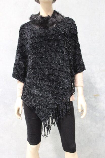 Chenille Lattice Poncho w Fur Collar - Image 2
